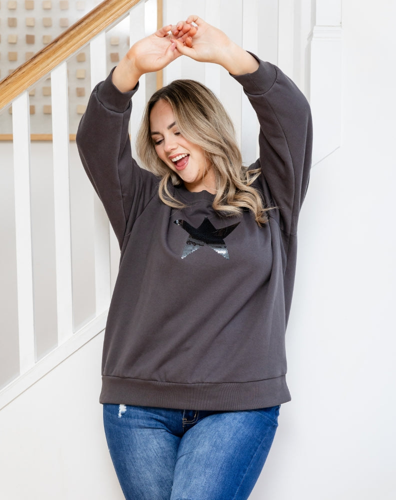 Star Sequin Sweat - Charcoal