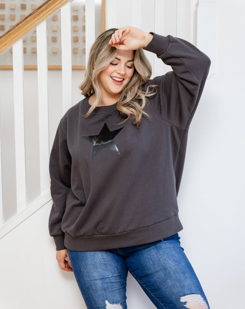 Star Sequin Sweat - Charcoal