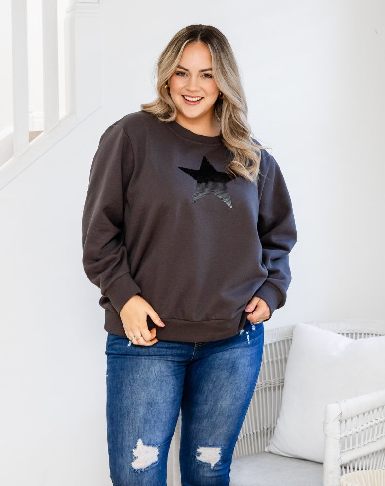 Star Sequin Sweat - Charcoal