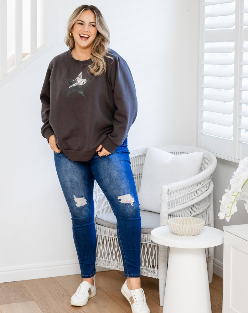 Star Sequin Sweat - Charcoal