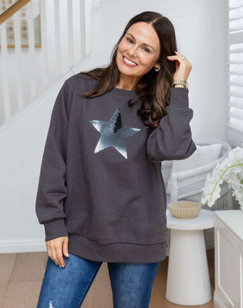 Star Sequin Sweat - Charcoal