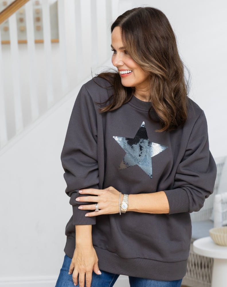Star Sequin Sweat - Charcoal