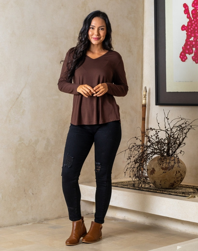 Laney V Neck Tee - Chocolate