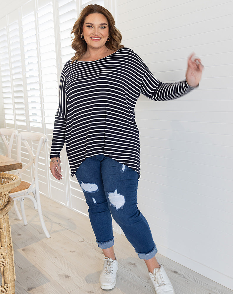 Slouch Tee -Navy/White Stripe