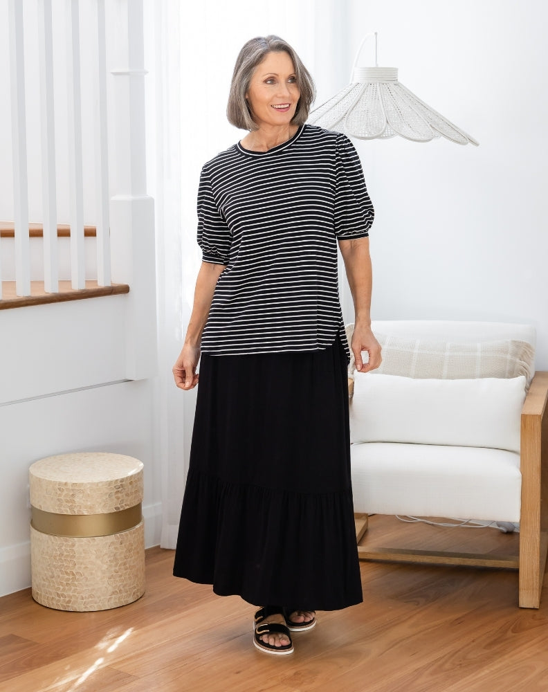 Phoebe Puff Sleeve Tee - Black Stripe