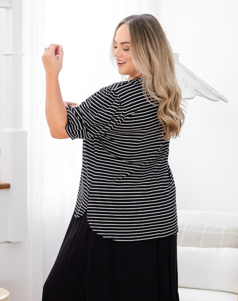 Phoebe Puff Sleeve Tee - Black Stripe