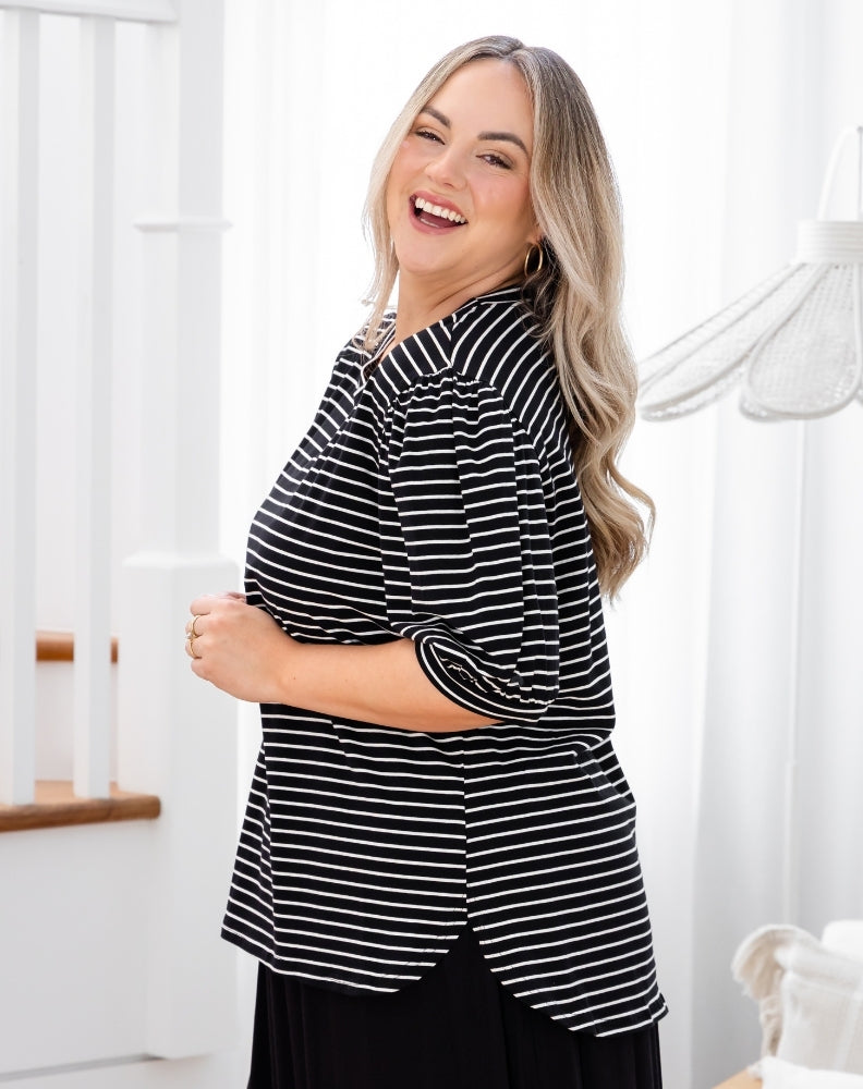 Phoebe Puff Sleeve Tee - Black Stripe