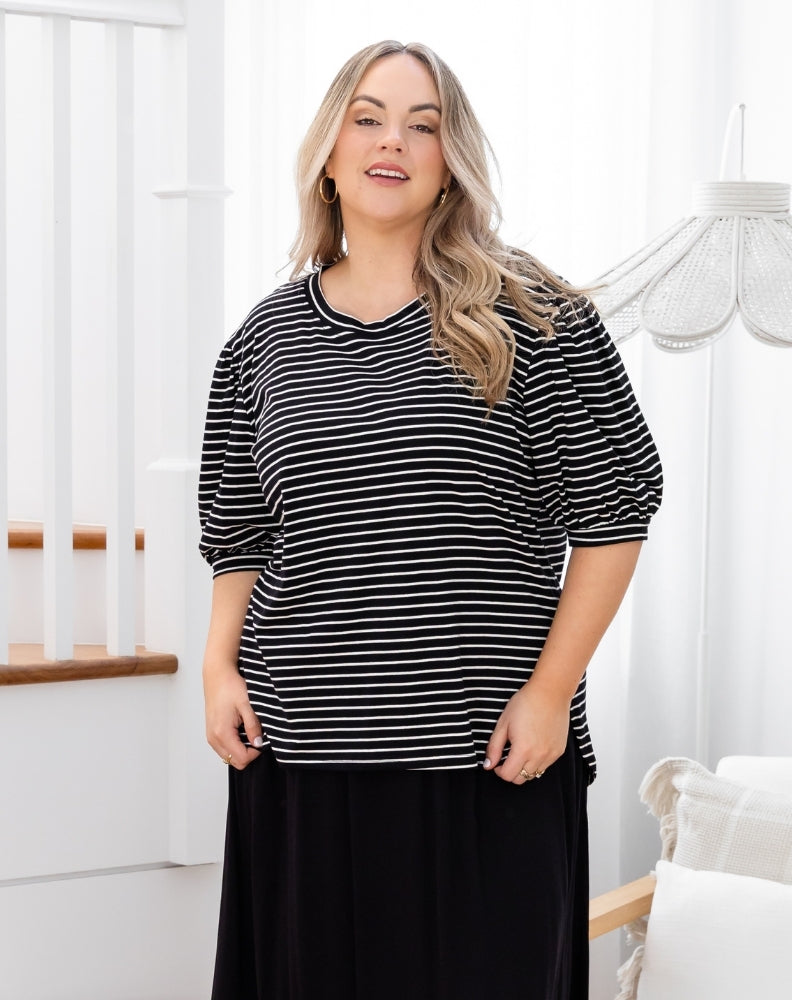 Phoebe Puff Sleeve Tee - Black Stripe
