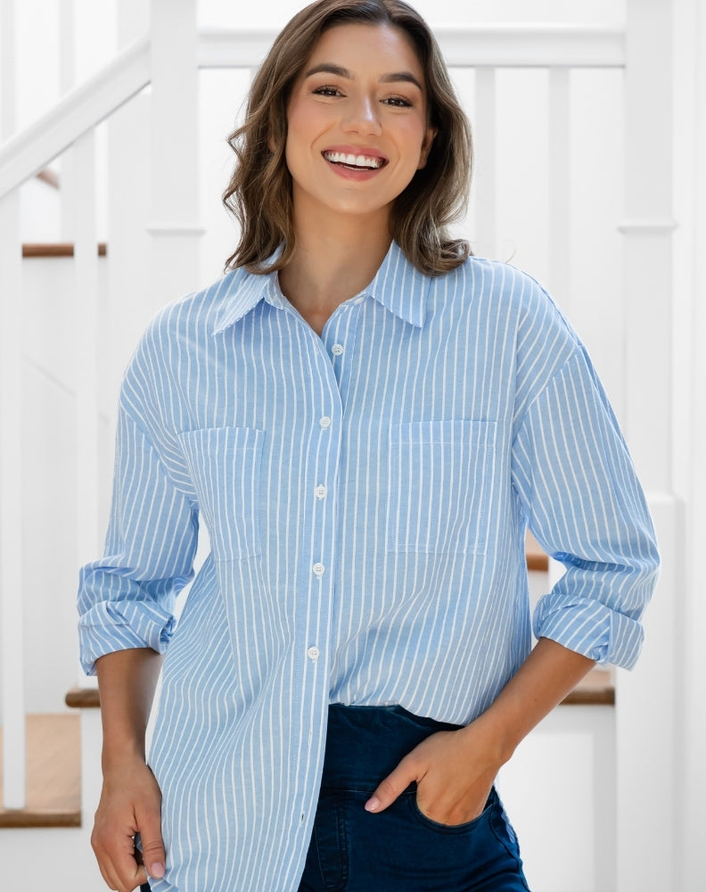 Button Back Shirt - Blue Stripe