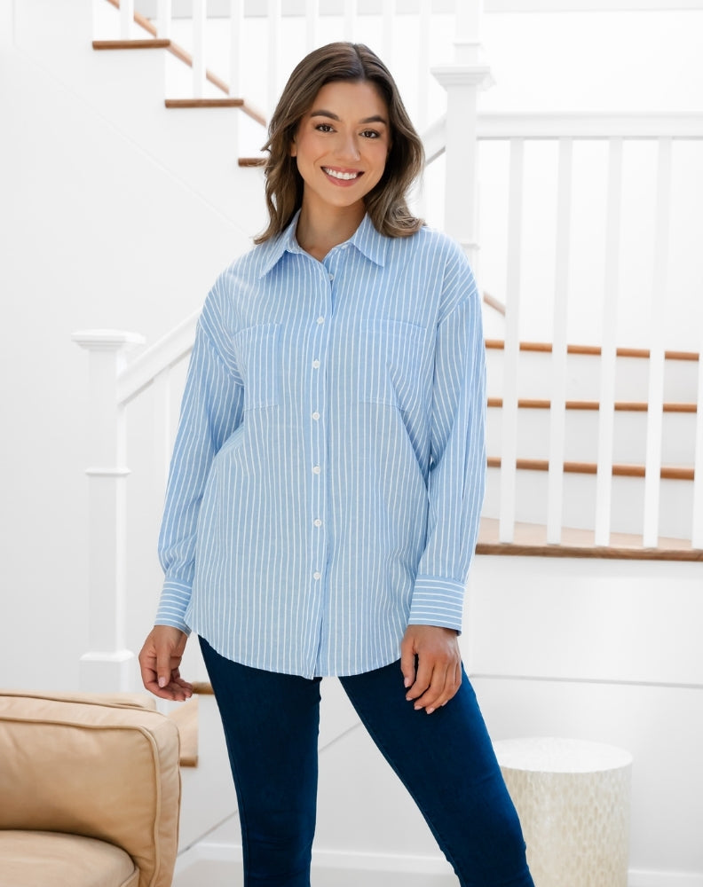 Button Back Shirt - Blue Stripe