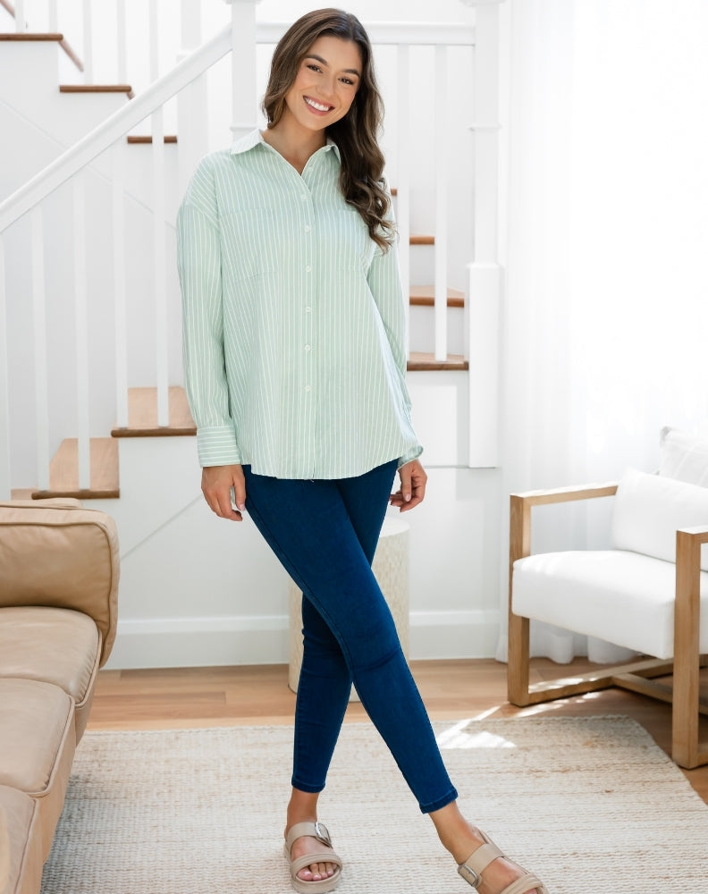 Button Back Shirt - Sage Stripe