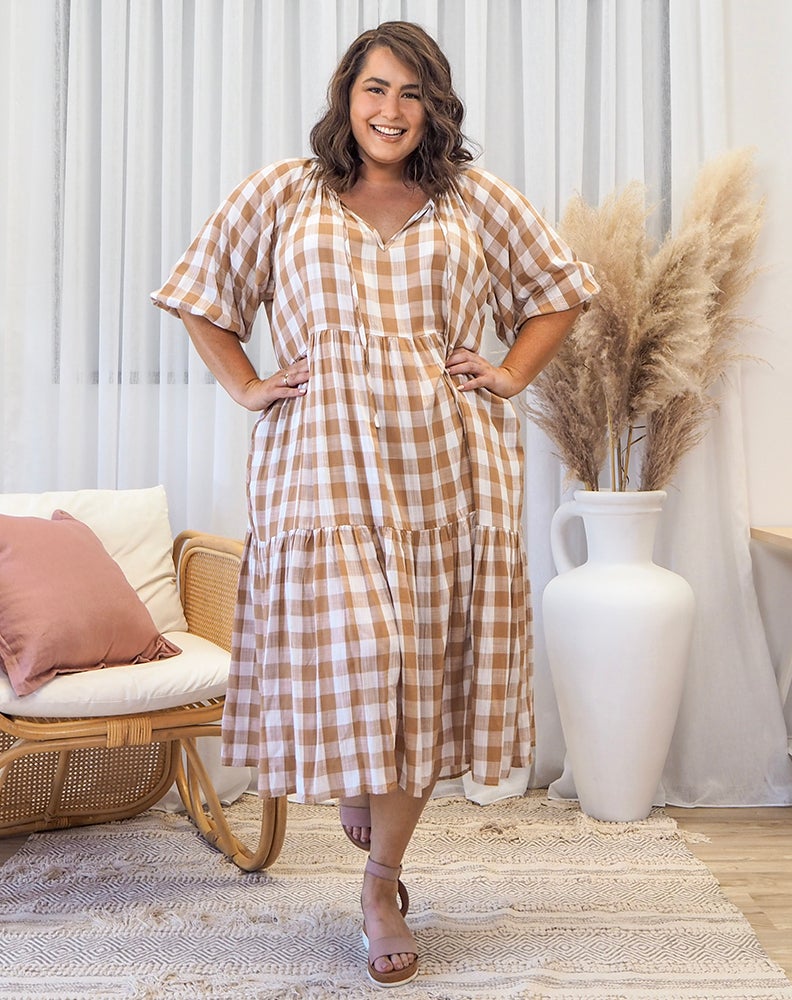 Amber Dress -Gingham Tan