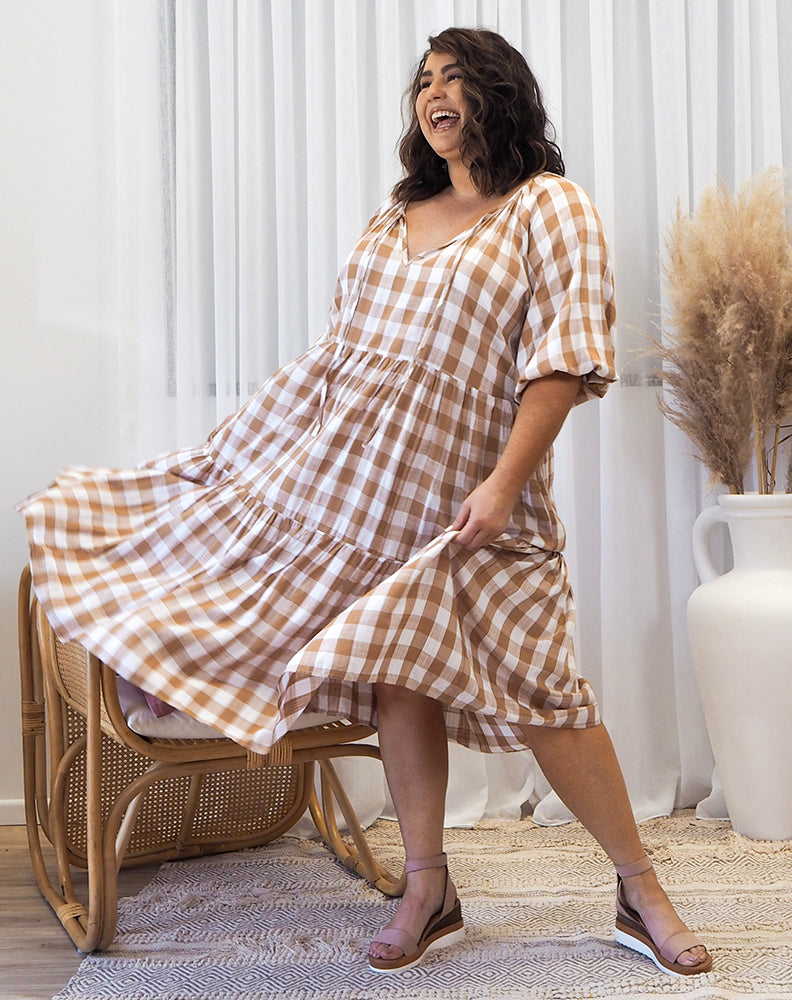 Amber Dress -Gingham Tan