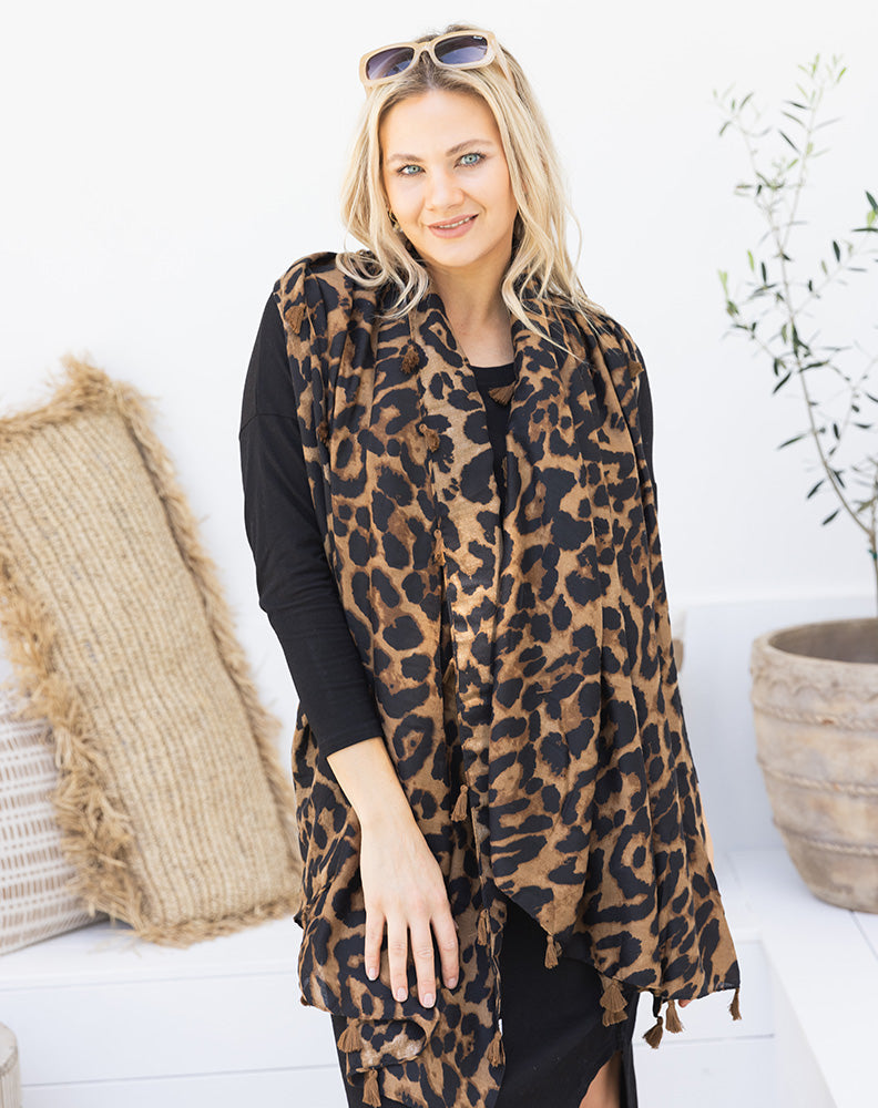 Animal Print Scarf - Brown Tassel