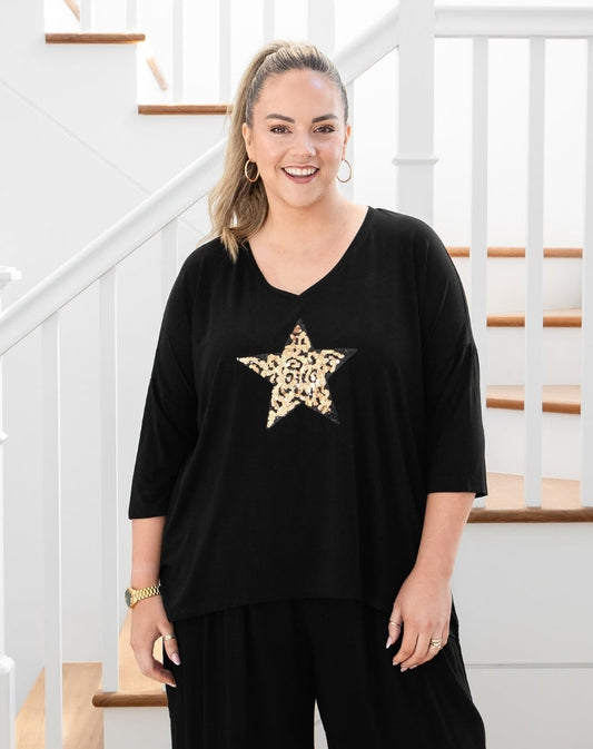 V Neck Sequin 3/4 Sleeve Tee - Black/Gold