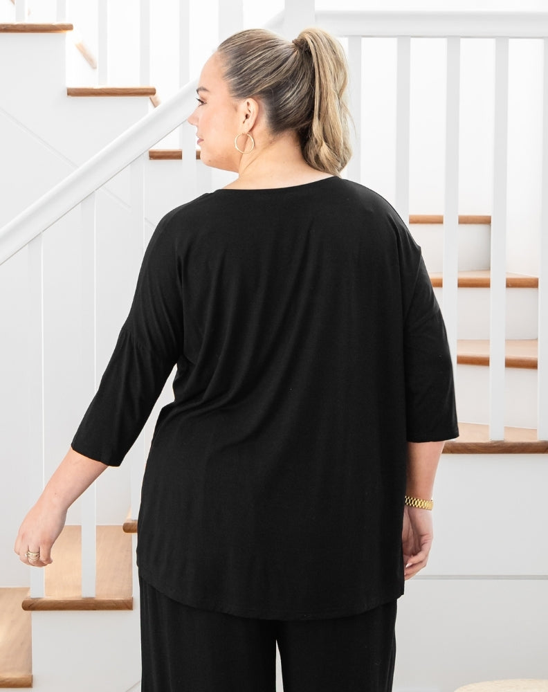 V Neck Sequin 3/4 Sleeve Tee - Black/Gold