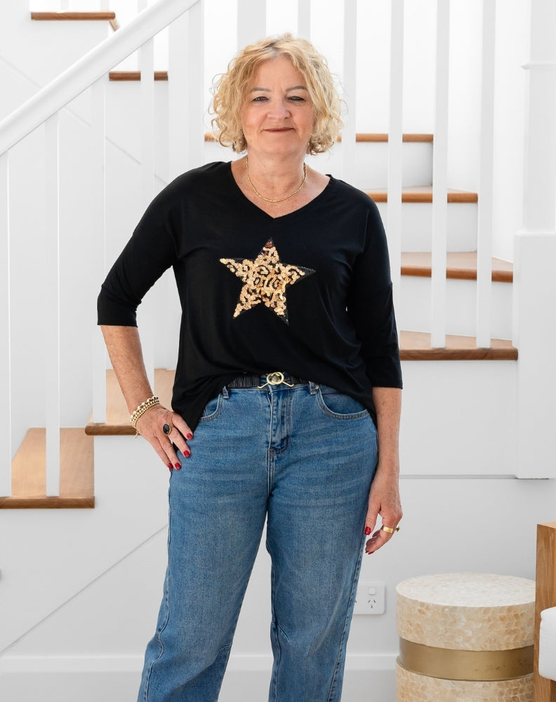 V Neck Sequin 3/4 Sleeve Tee - Black/Gold