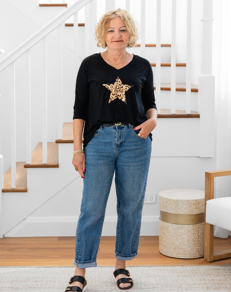 V Neck Sequin 3/4 Sleeve Tee - Black/Gold