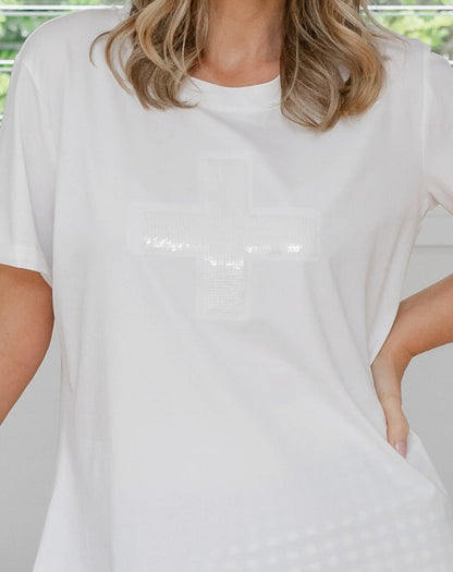 Cross Sequin Tee - White