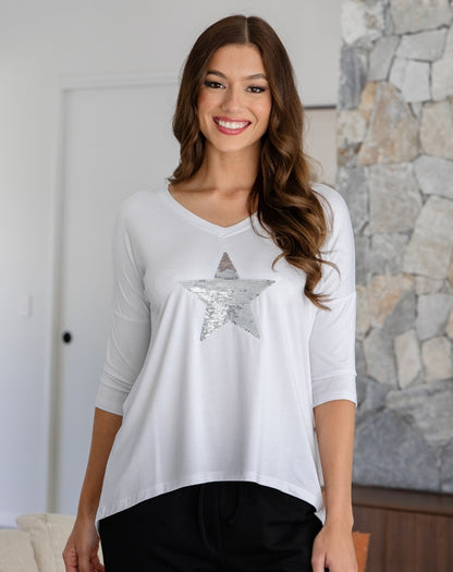 V Neck Sequin 3/4 Sleeve Tee - White