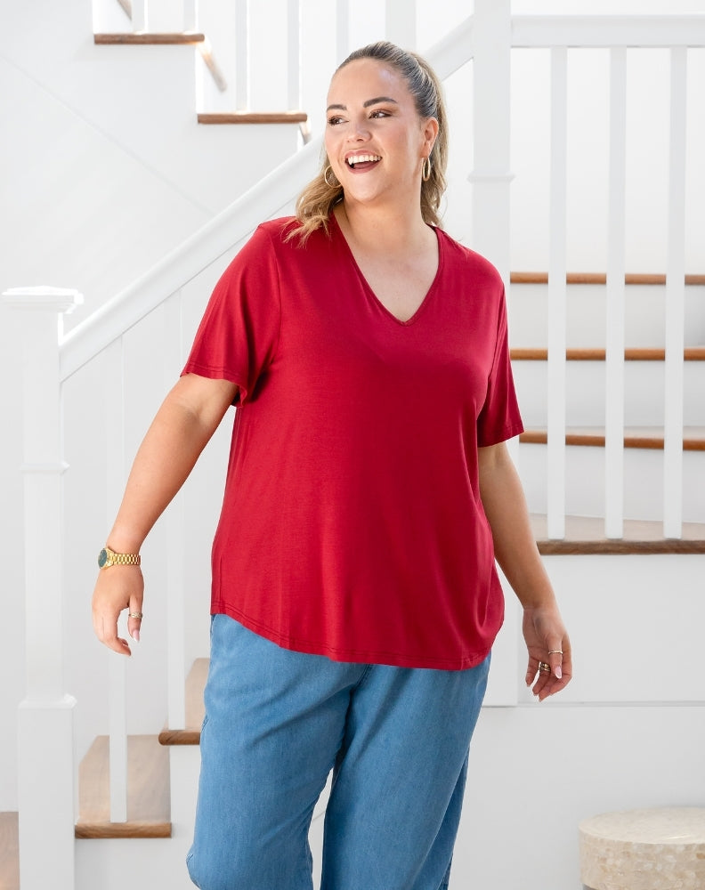 Elena V-Neck Tee - Wine