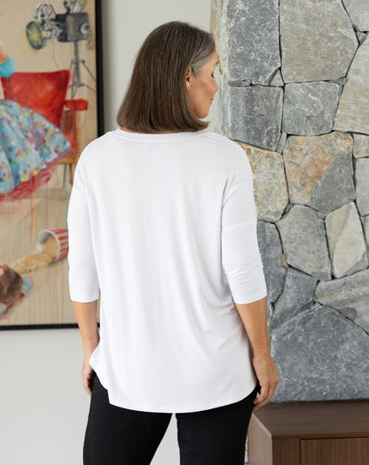 V Neck Sequin 3/4 Sleeve Tee - White