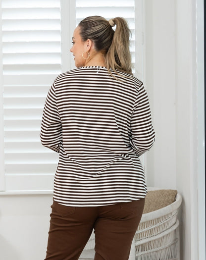 Laney V Neck Tee - Coffee/Cream Stripe