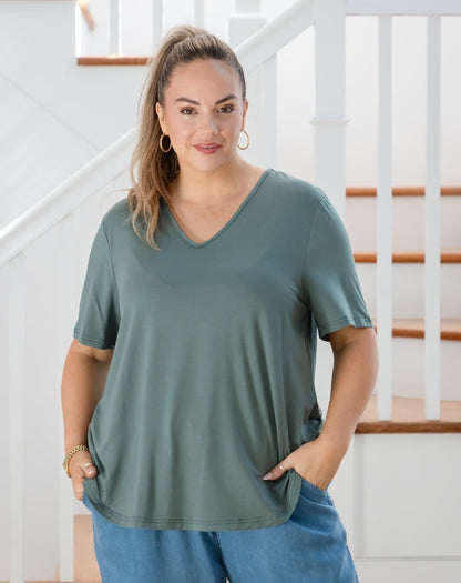 Elena V-Neck Tee - Sagewood