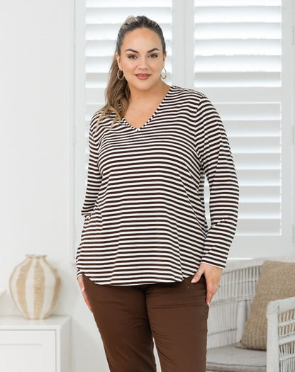Laney V Neck Tee - Coffee/Cream Stripe