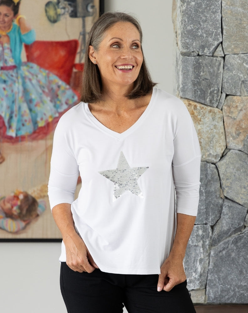 V Neck Sequin 3/4 Sleeve Tee - White