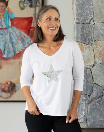 V Neck Sequin 3/4 Sleeve Tee - White