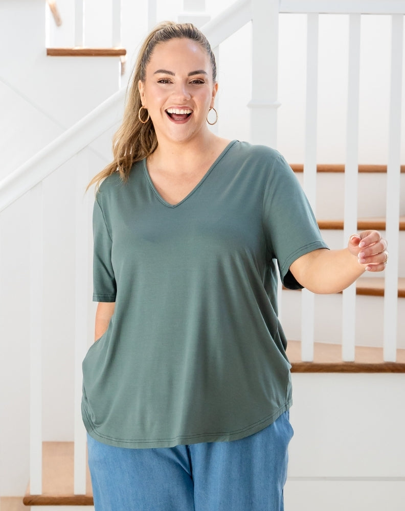 Elena V-Neck Tee - Sagewood