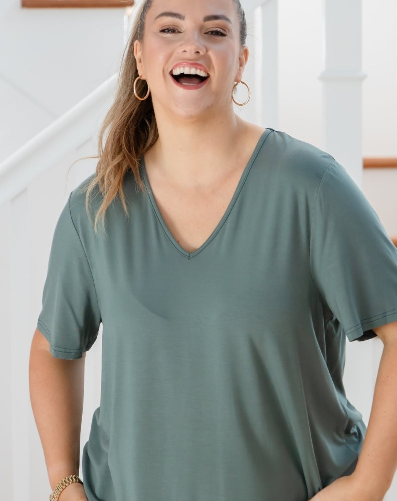 Elena V-Neck Tee - Sagewood