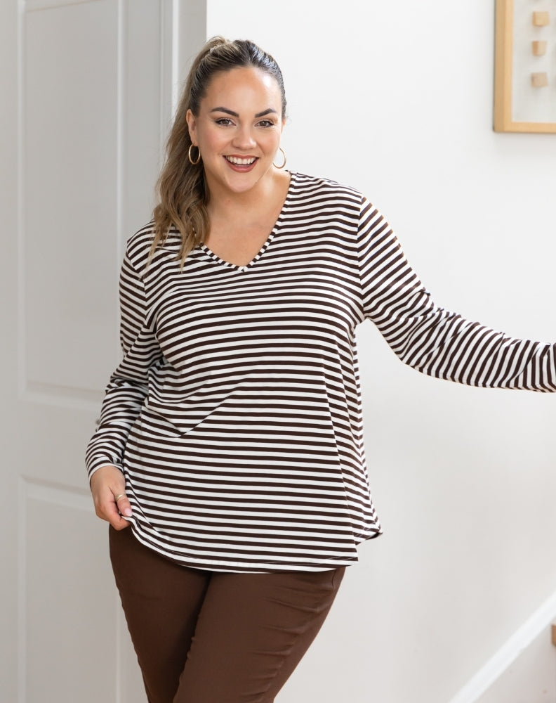 Laney V Neck Tee - Coffee/Cream Stripe