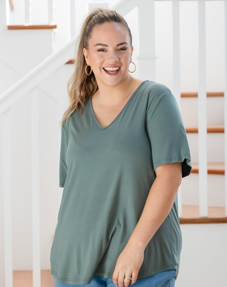 Elena V-Neck Tee - Sagewood