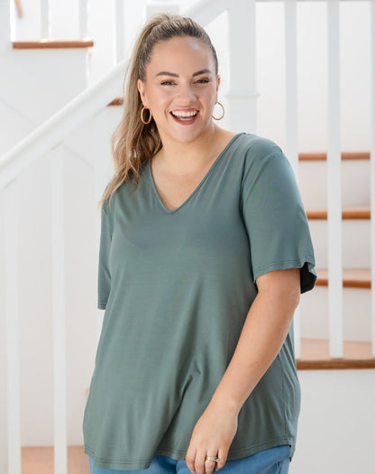Elena V-Neck Tee - Sagewood