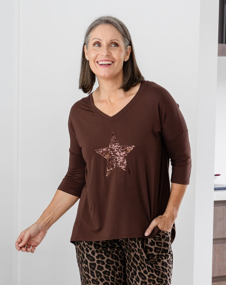 V Neck Sequin 3/4 Sleeve Tee - Chocolate
