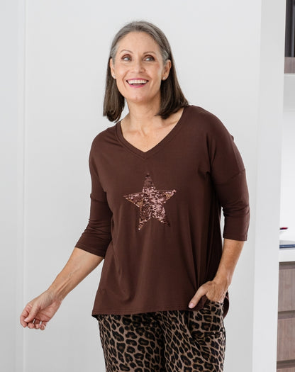 V Neck Sequin 3/4 Sleeve Tee - Chocolate