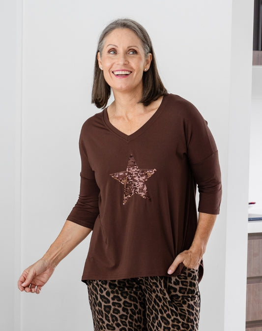 V Neck Sequin 3/4 Sleeve Tee - Chocolate