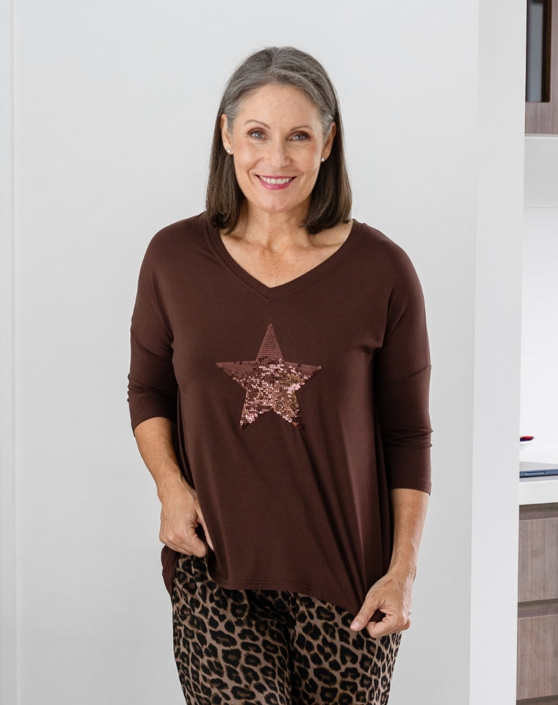 V Neck Sequin 3/4 Sleeve Tee - Chocolate