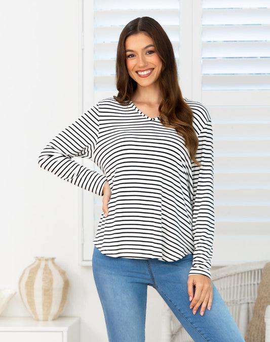 Laney V Neck Tee - White/Black Stripe