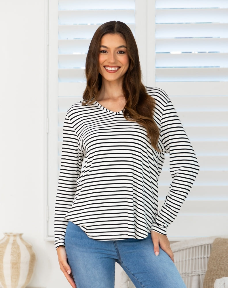 Laney V Neck Tee - White/Black Stripe