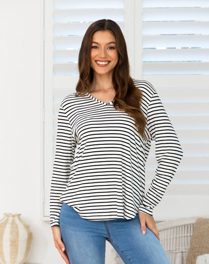 Laney V Neck Tee - White/Black Stripe