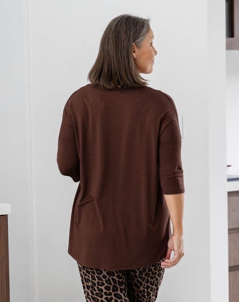 V Neck Sequin 3/4 Sleeve Tee - Chocolate