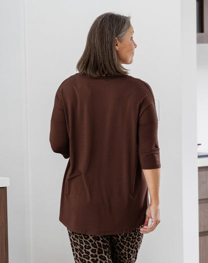 V Neck Sequin 3/4 Sleeve Tee - Chocolate