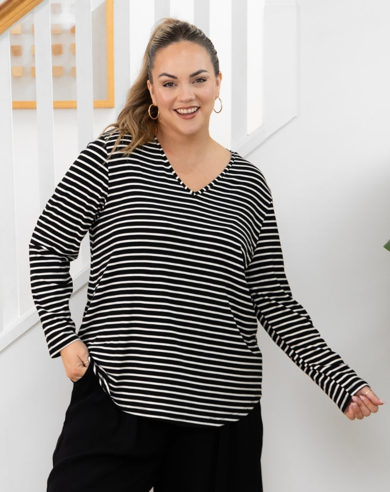 Laney V Neck Tee - Black/White Stripe