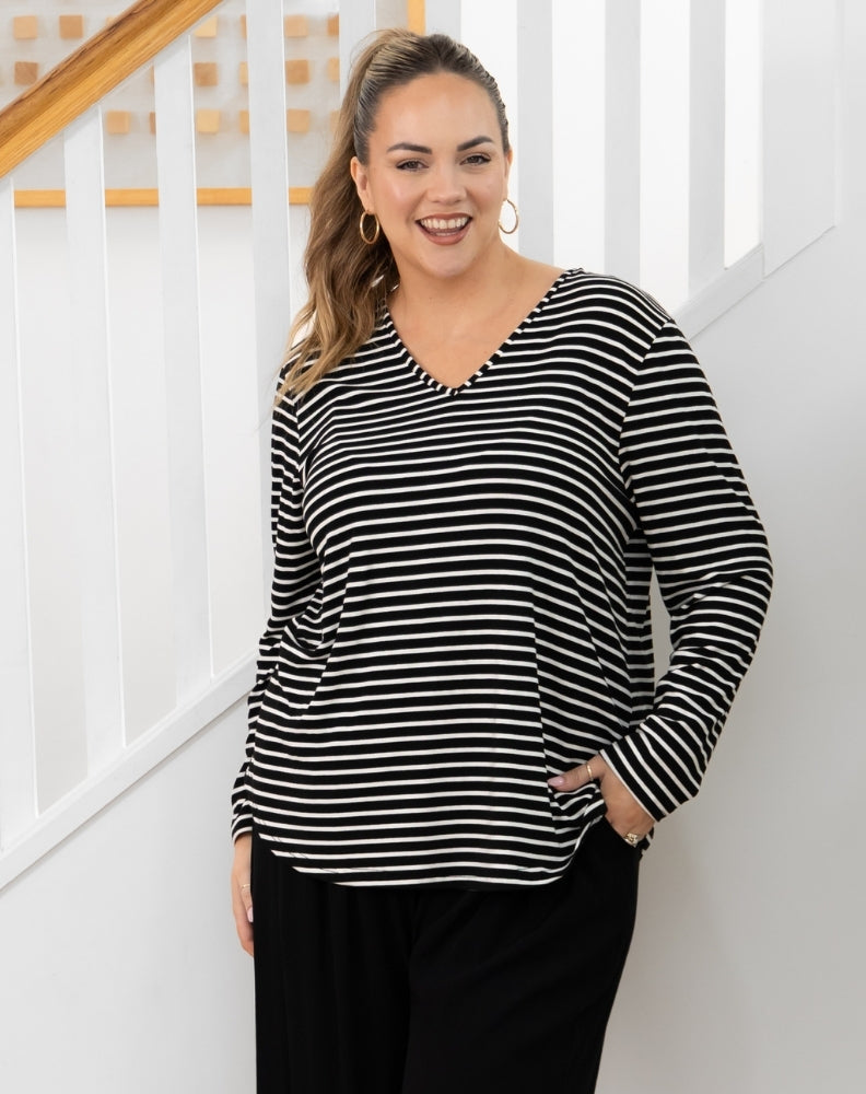 Laney V Neck Tee - Black/White Stripe