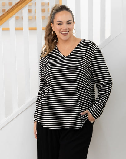 Laney V Neck Tee - Black/White Stripe