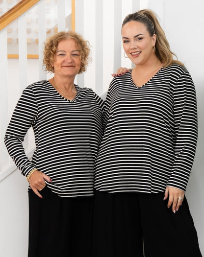 Laney V Neck Tee - Black/White Stripe
