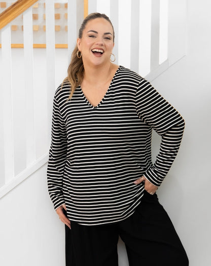 Laney V Neck Tee - Black/White Stripe